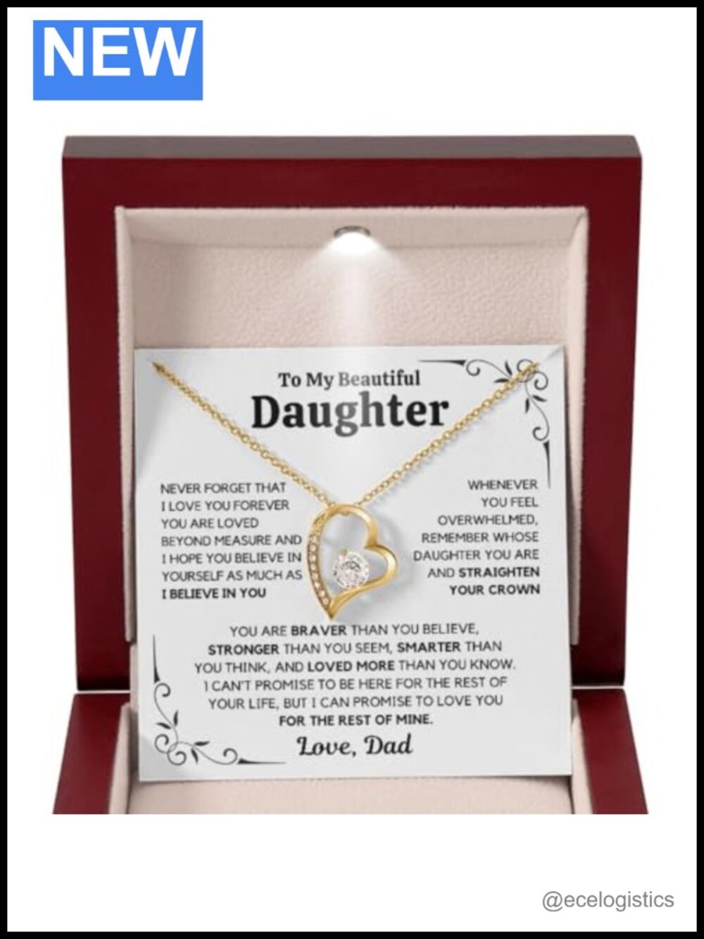 Daughter Gift From Dad Necklace, White Gold Plated Stainless Steel, Message Card